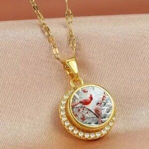 Gold Rotating CARDINAL Red Bird Pendant Necklace